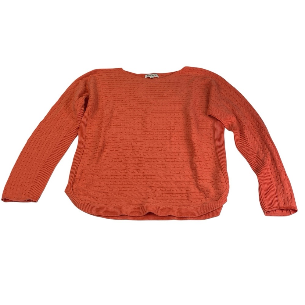 Orvis Women's XL Orange Cable Knit Cotton Blend Sweater Pullover Casual Cozy